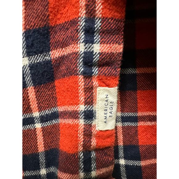 American Eagle Flannel Button Down - Orange/Navy Plaid - Size M Medium Men - Picture 7 of 10
